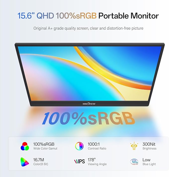 InnoView 2K Portable Monitor 15.6" QHD 100% sRGB, Built-in 180° Adjustable Stand Travel Monitor USB C Standard HDMI Ultra-Slim Portable Monitor for Laptop MacBook Phone PS5 Xbox Switch