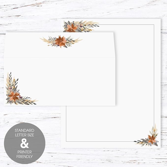 Indie Autumn Floral Letterhead With Envelopes / 40 Decorative Boho Fall Botanical Sheets With Matching Envelopes / 8.5" x 11" Rustic Watercolor Feathers Foliage Paper/All Occasion Design