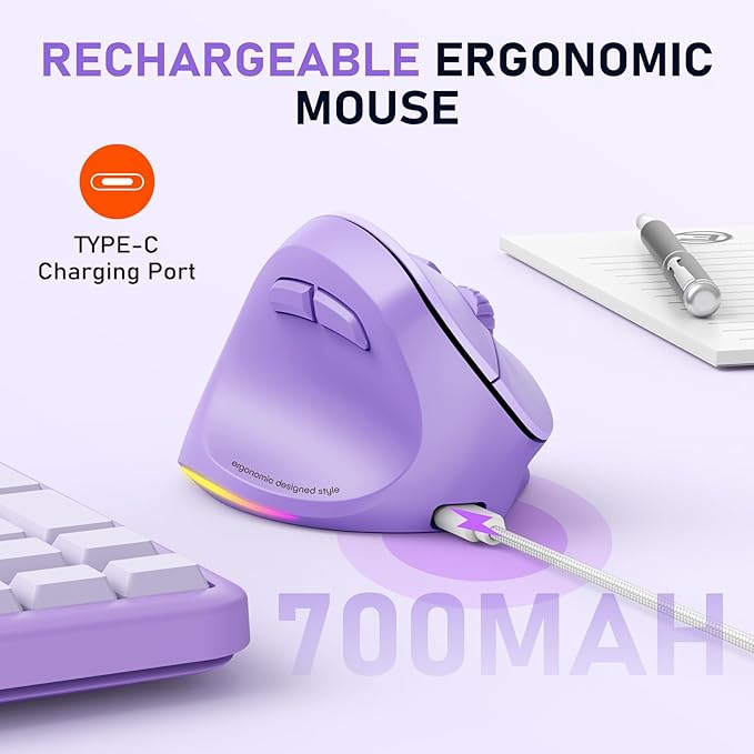 MEETION Left-Handed Mouse, Ergonomic Mouse Wireless Vertical Mouse, RGB Rechargeable Mice for Bluetooth(5.2 + 3.0) & USB, 4 Adjustable DPI for Mac/Windows/PC/Tablet/iPad Purple