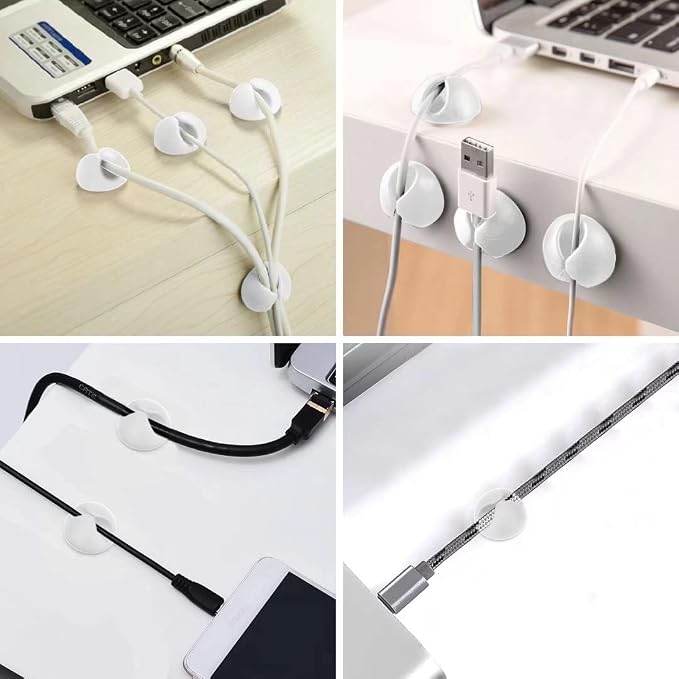 8 Pack Adhesive Cable Clips Cord Organizer for Desk, White | Self-Adhesive, Cord Organizer Management for Desk, Suitable for Computer, Charging, Electrical and Mouse Wires, Easy to Use