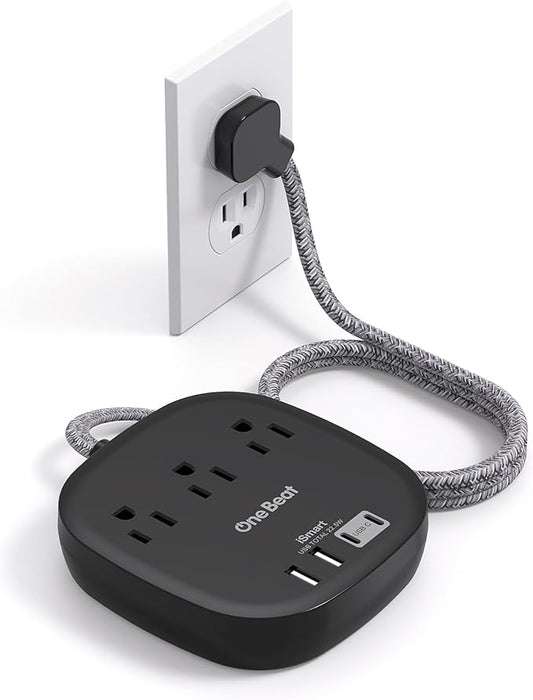Flat Plug Power Strip, 6ft Flat Extension Cord - 3 Outlets 4 USB Ports (2 USB C) 22.5W/4.5A Desktop Charging Station, Power Strip No Surge Protection for Cruise Ship, Dorm Room Travel Essentials - BK