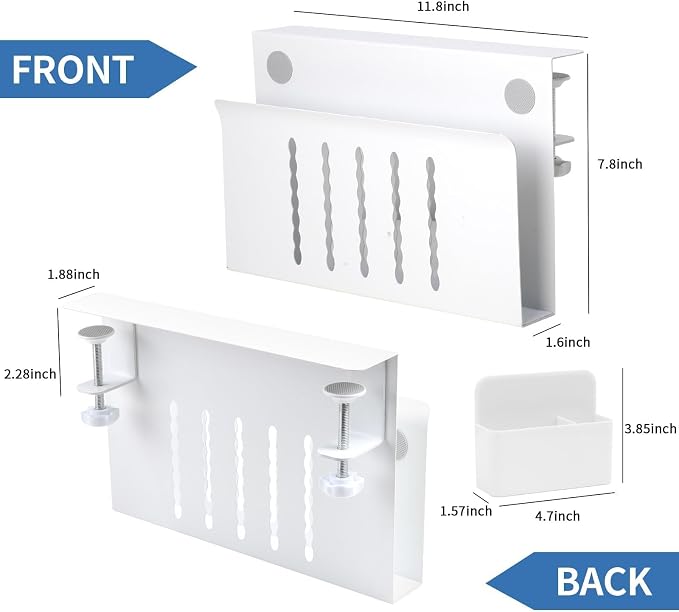 Desk Side Storage Organizer, Under Desk Laptop Holder with Magnetic Pen Holder, No Drill Hanging Desks Caddy for Office & Home, Clamp On Desk Shelf for Tablet, Files, Accessories (White)