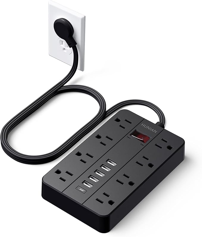 Power Strip with USB Ports, HUNIAN 5 Ft Extension Cord Flat Plug with 8 Outlets, 6 USB Charger(1 USB C Port), Indoor Desk Charging Station Outlet Extender for Home and Office Accessories, Black