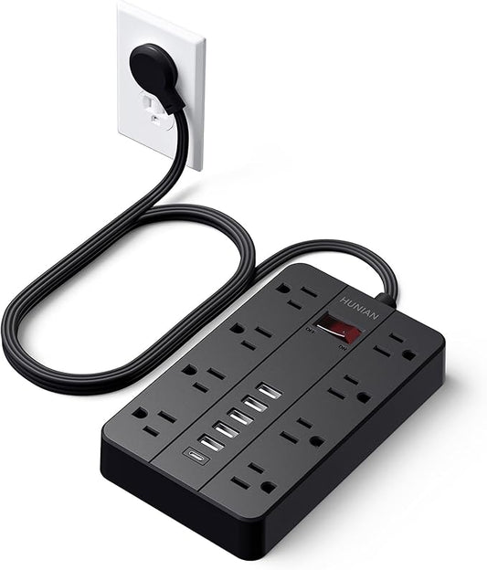 Power Strip with USB Ports, HUNIAN 5 Ft Extension Cord Flat Plug with 8 Outlets, 6 USB Charger(1 USB C Port), Indoor Desk Charging Station Outlet Extender for Home and Office Accessories, Black