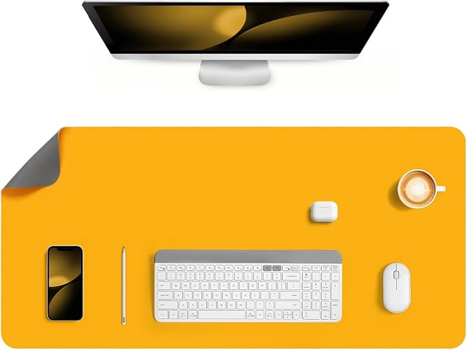 Dual Sided Desk Pad Faux Leather Desk Mat Large Mouse Pad | Desk Pad Protector Non-Slip Waterproof Desk Mouse Pad for Writing Desk, Office, Home(Yellow Gray 35.4"X17")