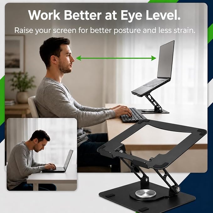 Uncaged Ergonomics Swivel Laptop Stand for Desk, Adjustable Computer iPad Stand for Desk w/ 360 Rotation, Portable Laptop Holder for Home Office Ergonomic Supplies (Black)