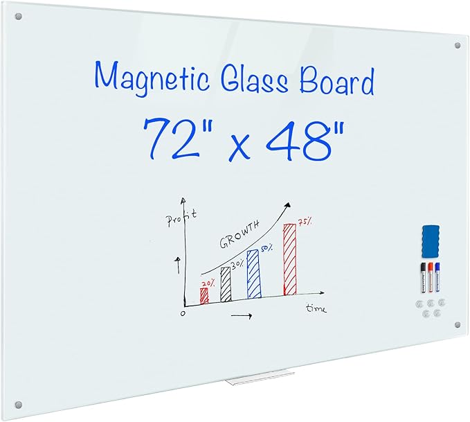 Magnetic Glass Whiteboard 6'x4', 72"x48" Glass Dry Erase Board for Wall Mounted, Large Commercial Board Frameless for Office, Classroom & Home