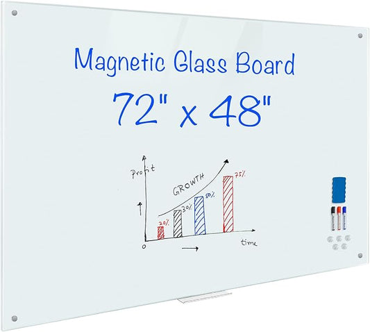 Magnetic Glass Whiteboard 6'x4', 72"x48" Glass Dry Erase Board for Wall Mounted, Large Commercial Board Frameless for Office, Classroom & Home