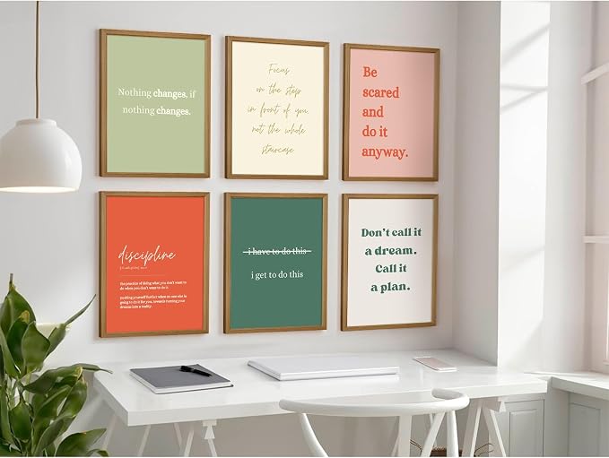 Office Wall Art Motivational Posters Inspirational Quote Canvas Wall Decor Office Positive Pictures Inspirational Classroom Art Motivational Work Prints for Gym Home 8x10 Inch Framed Set of 6