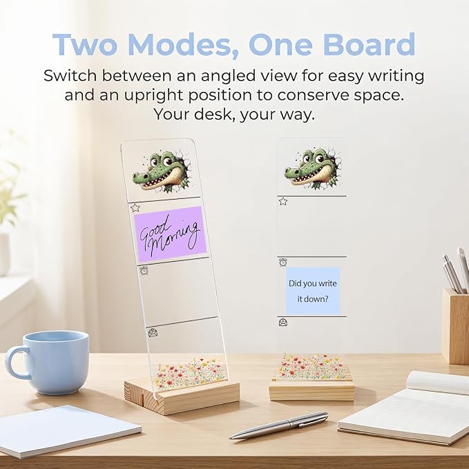 Sticky Note Holder, Monitor Memo Board, Acrylic Post It Note Holder with Wooden Base, Includes 200 Notes, Desk Organizer for Office, Cute Crocodile Design