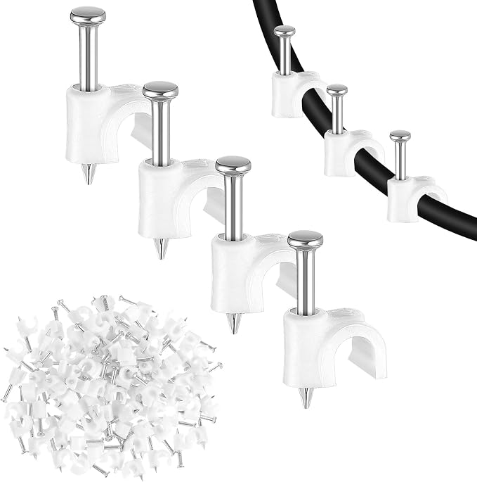 Andibro 100-pack Cable Clips with Steel Nails, 4mm Wire Wall Clips Cable Clip Nail Cables Wire's Cord Management Clip for Wires Ethernet Telephone Home Desk TV Wire Computer(Fit wires Dia.≤ 4mm)