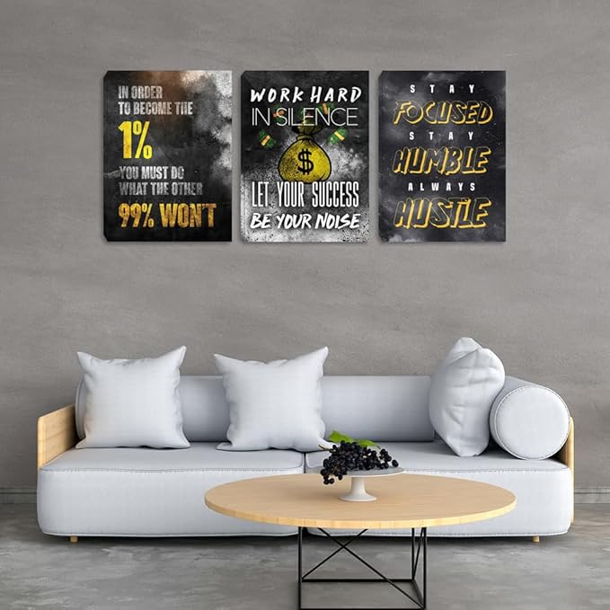 Motivational Canvas Wall Art Inspirational Success Quotes Wall Art Retro Black White Poster Hangs Picture Hustle Canvas Painting Artwork for Office Bedroom Living Room Workplace (36''Wx 16''H)