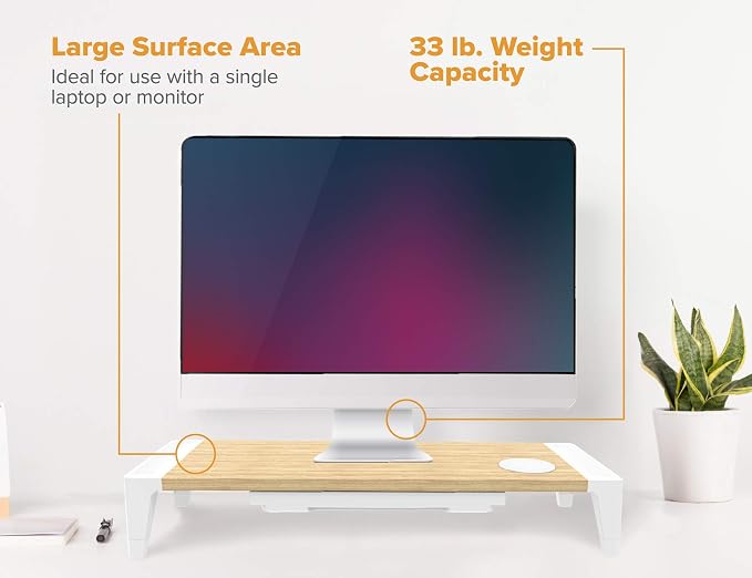 Bostitch Office Wooden Monitor Stand with Wireless Charging Pad, Drawer for Storage, Adjustable Height Riser Includes Removable Non-Skid Rubber Feet - Wood Grain and White (STND-2408WH)