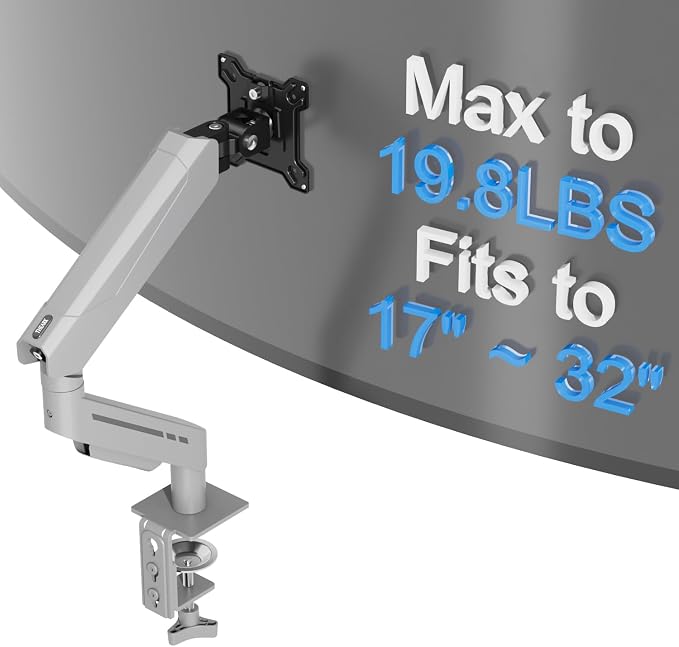 THEARK Single Monitor Desk Mount 17"-32" Screens - Adjustable Mechanical Monitor Arm Computer Monitor Stand up to 19.8 lbs,VESA Arm Desk Mount with C-Clamp and Grommet Base,VESA 75x75/100x100mm,Silver