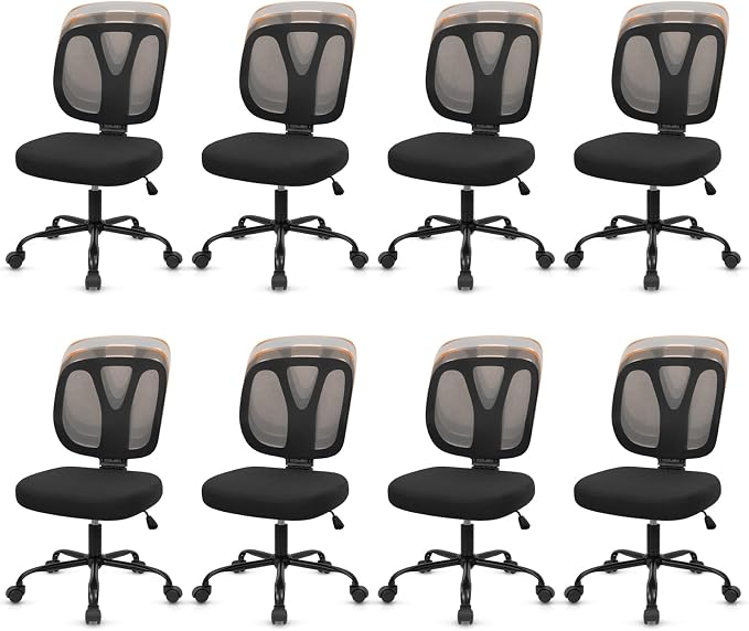 CLATINA Armless Home Office Chair, 360° Swivel Rolling Desk Chair with Lumbar Support and Wheels, Adjustable Height Mesh Back Small Ergonomic Computer Task Chair for Conference Waiting, Black(8 Pack)