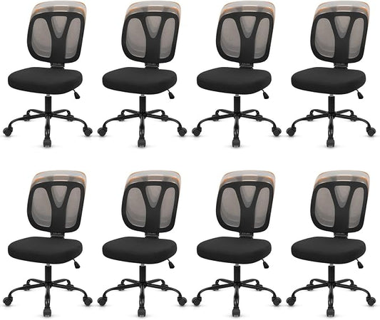 CLATINA Armless Home Office Chair, 360° Swivel Rolling Desk Chair with Lumbar Support and Wheels, Adjustable Height Mesh Back Small Ergonomic Computer Task Chair for Conference Waiting, Black(8 Pack)