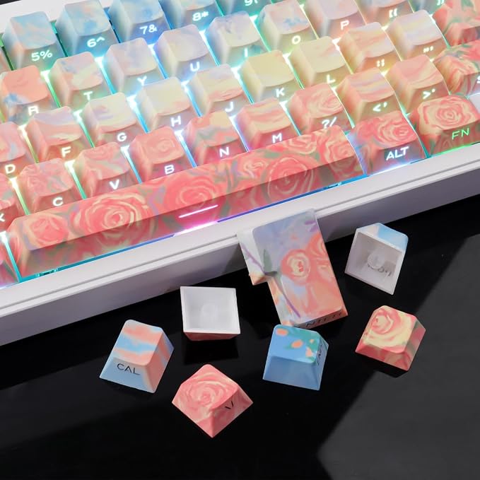 Tsungup Rose Pastel Keycaps,Side Print Custom Keyboard Keycap Set | Cherry Profile，135 Keys，Shine Through，PBT Keycaps for 60%65%75%100% Cherry Gateron MX Switches Mechanical Keyboard