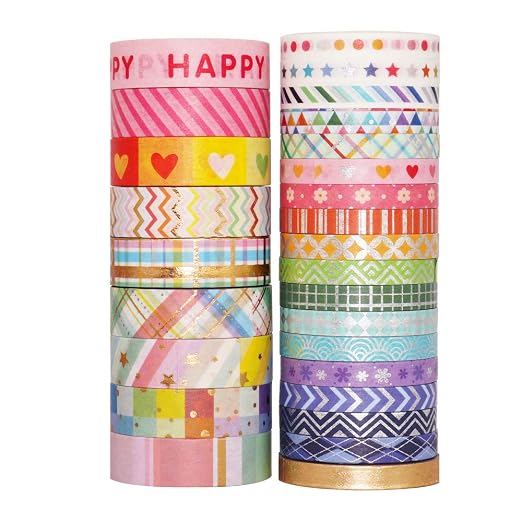 YUBBAEX Bright Mix Gold Washi Tape Set VSCO Foil Masking Tape Decorative for Arts, DIY Crafts, Journal Supplies, Planners, Scrapbook, Card/Gift Wrapping -5/10mm- (Rainbow 27 Rolls)