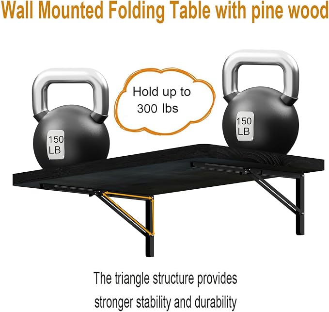 IAE Floating Wall Mounted Folding Table Desk with Pine Wood,36" x 22" Folding Workbench,Fold Down wall Mounted Foldable Table with Shelf Brackets,Laundry Folding Table for Apartment,Home,Kitchen,Black