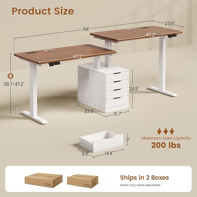 SEDETA Standing Two Person Desk, 94'' Long Computer Desk with 4 Drawers, 2 Power Outlets, CPU Stand, Electric Height Adjustable 2 Person Desk with Cable Management for Home Office, White+Brown