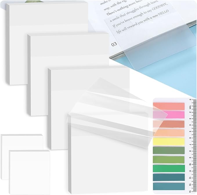 7-IN-1 Transparent Sticky Notes Set 【400 Sheets: 7 Pads+Sticky Tabs】- Tecolu 3x3 inch Clear Sticky Note Waterproof & 5X Stickiness, See-Through Translucent Sticky Note for School Office Bible Supplies