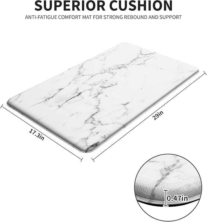 Marble White Kitchen Mats for Floor, Cushioned Anti Fatigue Non-Slip | Cushioned Comfort,Non-Slip Backing,Waterproof Surface,Soft Underfoot,Easy Clean,Kitchen Sink,Laundry Room,Standing Desk