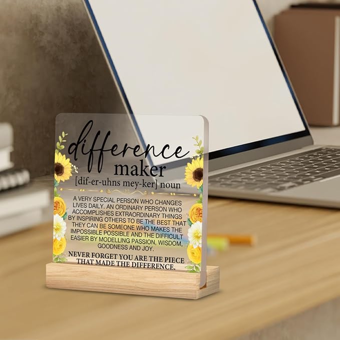 Difference Maker Gifts for Women Coworker Appreciation Desk Decor | Thank You Gifts for Employee Staff Teacher Mentor Coach Nurse, Home Desk Decorative Sign, Clear, Acrylic, 4 x 4 Inches