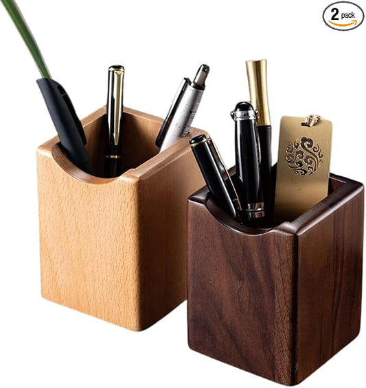 Wooden Pen Holder for Desk, 2 Pack Natural Wood Pencil Cup Holder – Office Desk Accessories Organizer, Makeup Brush Holder, Kids Crayon Marker Caddy, Eco-Friendly (2 Pack - 1 Beech + 1 Walnut))