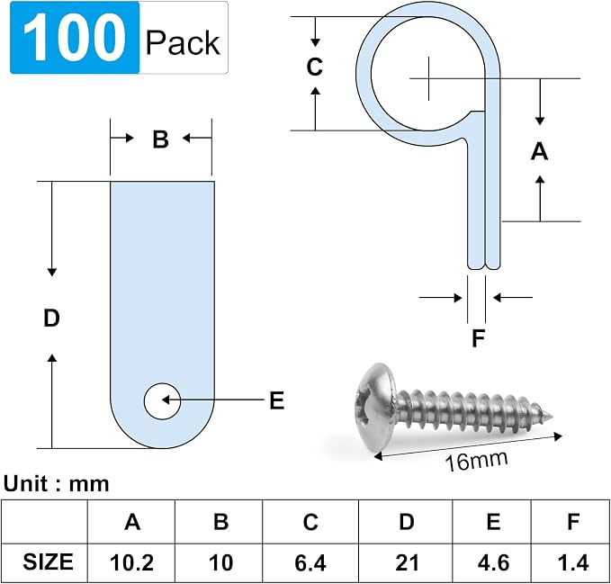 VIPMOON 100 Pcs 1/4 Inch R-Type Cable Clips Clamp Kit, Nylon Mounting Cord Fastener Clips with 100 Pack Screws for Indoor Outdoor Electrical Wire Management Organizer, White
