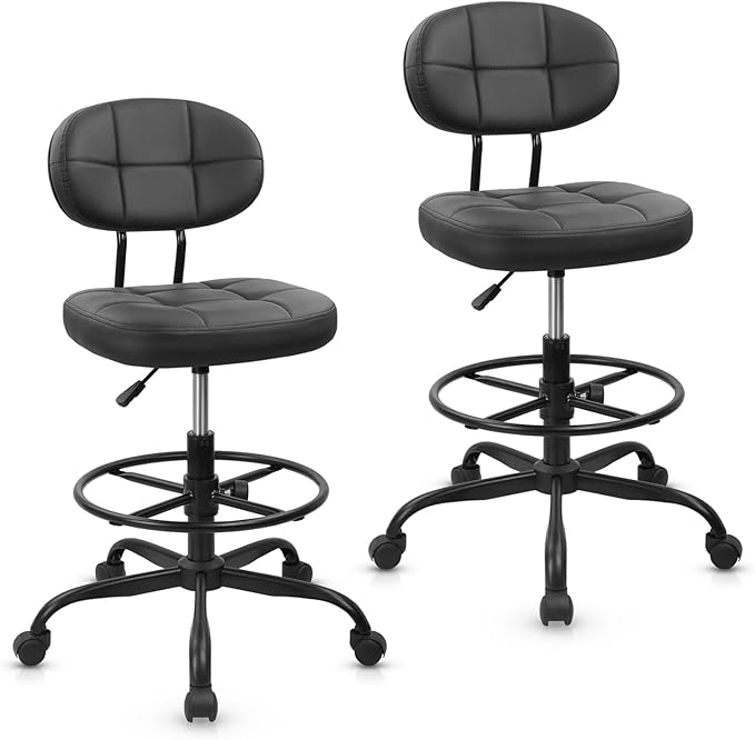 KLASIKA Drafting Stool with Backrest, Tall Adjustable Height Office Chair, PU Leather Swivel Rolling Stool with Footrest & Wheels for Standing Desk, Bar, Salon, Spa, Lab, Counter, Home, Black，2PK