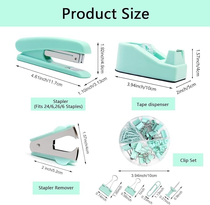 Office Supplies,Green Desk Accessories,Office Supplies Set,Stapler and Tape Dispenser Set,Scissors,Staple Remover,Binder Clips,Staples,Ballpoint Pen,Index Tabs with Ruler,Clear Tape.9pcs for Office