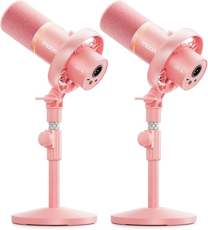 MAONO PD200W Hybrid Wireless Podcast Equipment Bundle for 2, XLR USB Dynamic Microphone Kit with 2 Desktop Stand, Software, Noise Cancellation, for Co-hosted Podcast, Vocal Recording, Pink