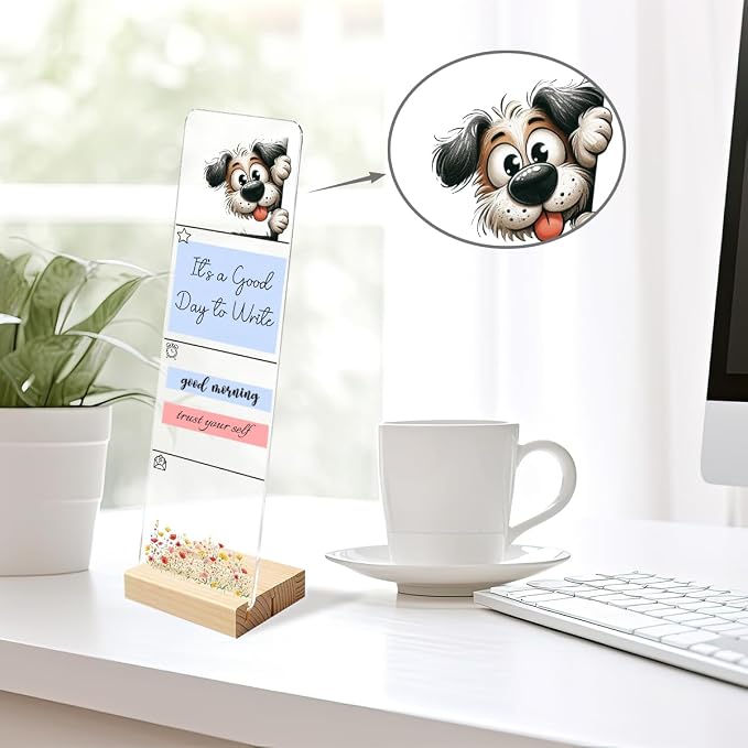 Sticky Note Holder, Monitor Memo Board, Acrylic Post It Note Holder with Wooden Base, Includes 200 Notes, Desk Organizer for Office, Dog Design
