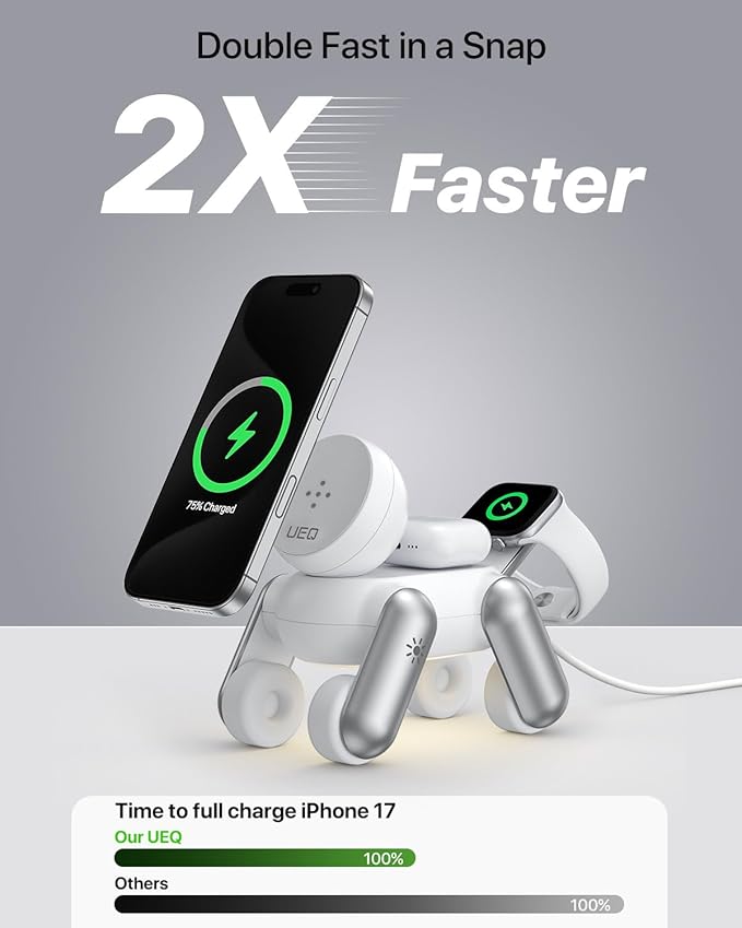 3 in 1 Wireless Charging Station for Apple Devices,Foldable Cute Magnetic Mag-Safe Wireless Charger Stand with Night Light for iPhone 17 Air 16 15 14 13 12 Series,AirPods 4 3 2 Pro,Apple Watch