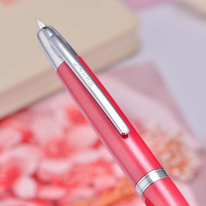 Jinhao 10 Press Fountain Pen with Box, Gradient Red Retractable Fine Nib with Ink Converter Set (Silver Clip)