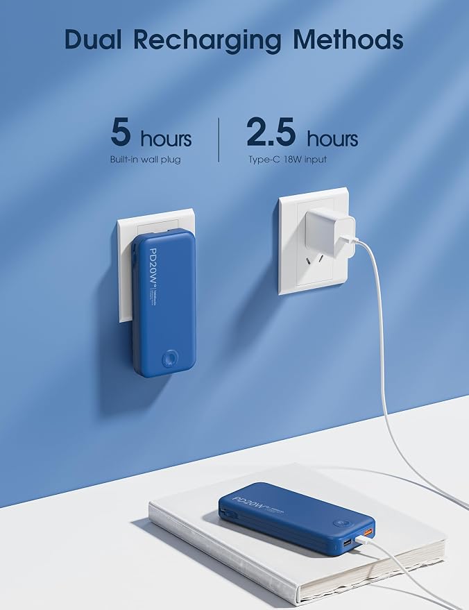 Nusyddy Portable Charger 10000mAh PD20W w/Built-in Cables & Wall Plug Navy | PD20W Fast Charging, Battery Indicator, Pass Through Charging, TSA Approved, Compact/Slim, Power Bank for iPhone/iPad/Samsung