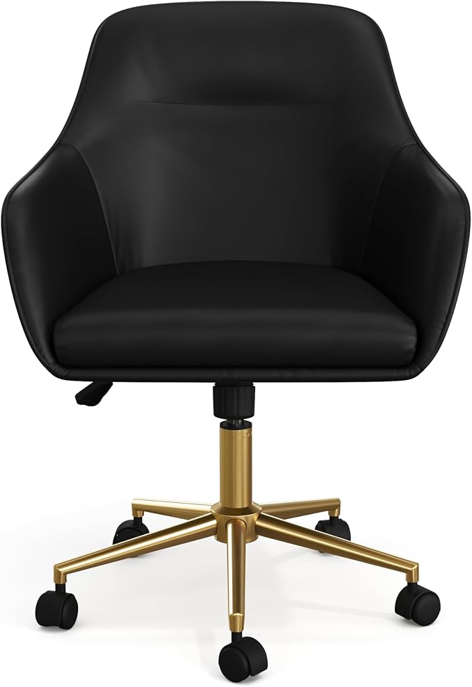Martha Stewart Rayna Swivel Task Chair with Flared Arms for Home Office in Black Faux Leather with Polished Brass Frame