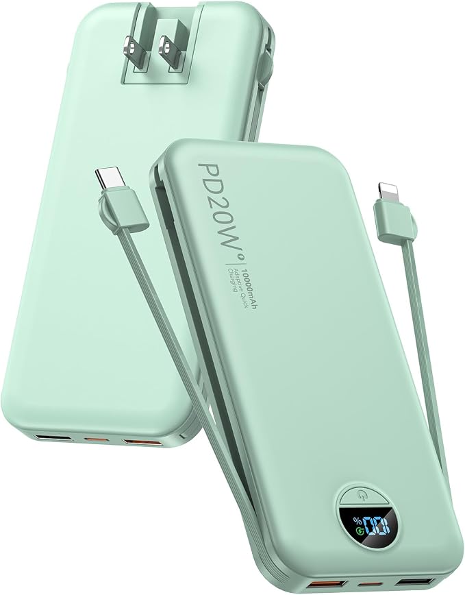 citicr Portable Charger 10000mAh PD20W w/Built-in Cables & Wall Plug Green | Fast charging, Built-in wall plug, LED display, Charge 5 devices at once, Pass through charging, TSA approved, Pocket size
