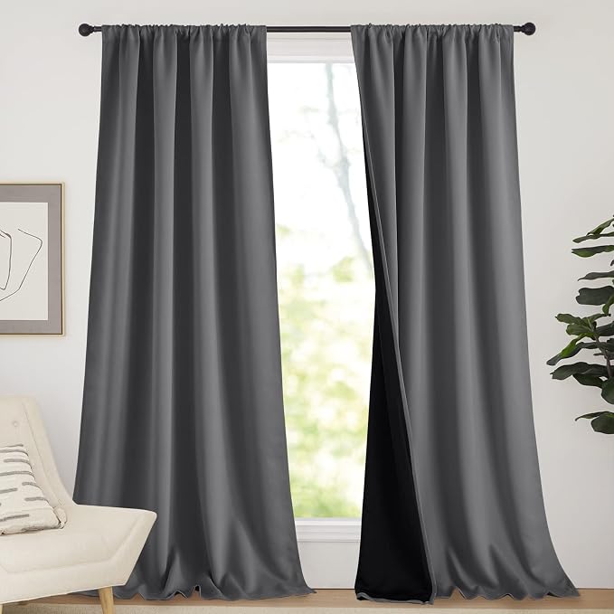 NICETOWN Total Shade Curtains and Draperies, Grey Blackout Bedroom Curtains, Heavy-Duty Rod Pocket Drapes with Black Liner Backing for Villa/Hall/Dorm Window (2 Panels, 95 inches Long)