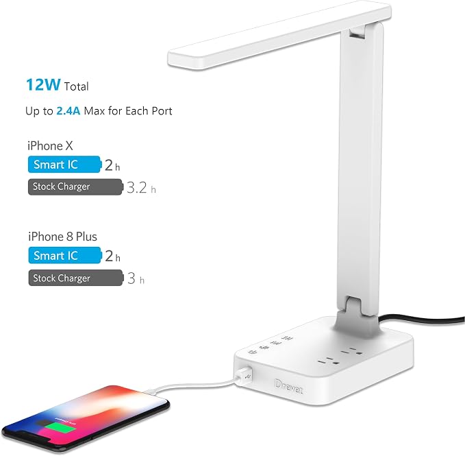 Drevet LED Desk Lamp, Desk Light with 1 USB Charging Port and 2 AC Power Outlet, 3 Lighting Modes, 3 Level Brightness,1H Timer, Touch Control, Eye-Caring Home Office Foldable Table Lamp (White)