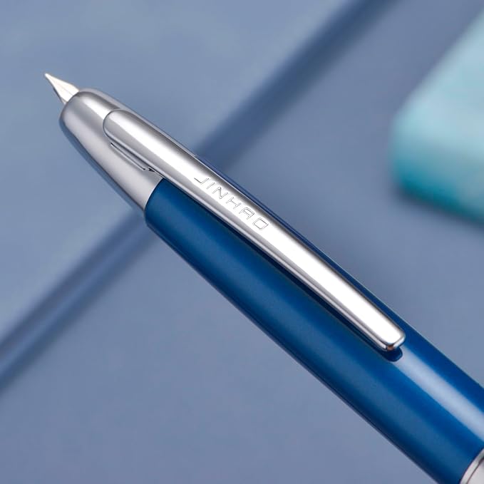 Jinhao 10 Press Fountain Pen with Box, Pearl Blue Retractable Medium Nib with Ink Converter Set (Silver Clip)