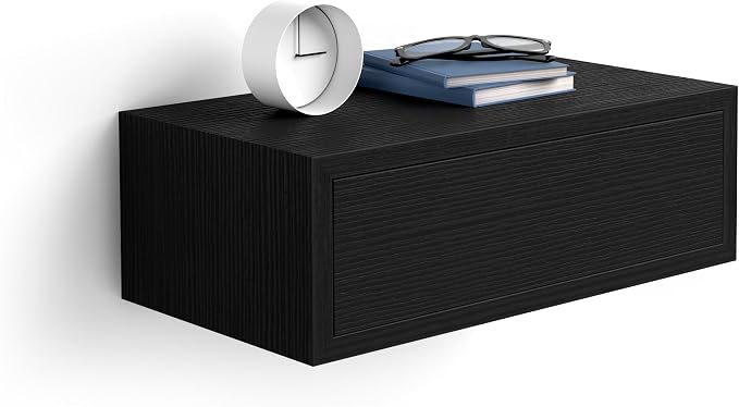 Mobili Fiver, Riccardo Floating nightstand, Ashwood Black, 17.7" x 9.8" x 6.1 ", Melamine-Finished, Modern Bedside Table, End Table, Italian Furniture