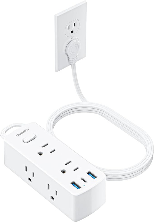 Olcorife Flat Plug Power Strip with 15 FT Extension Cord, 6 Outlets 3 USB Ports(1 USB C), 3 Sided Outlet Extender for Home Office Travel Dorm Room Essentials, White