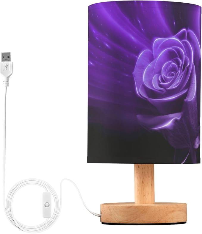 Table Lamp Magic Purple Rose Flower Neon Glare Floral Nightstand Lamp with Wood Base Fabric Lamp Shade Bedside Desk Lamp for Living Room Bedroom Kids Room Office