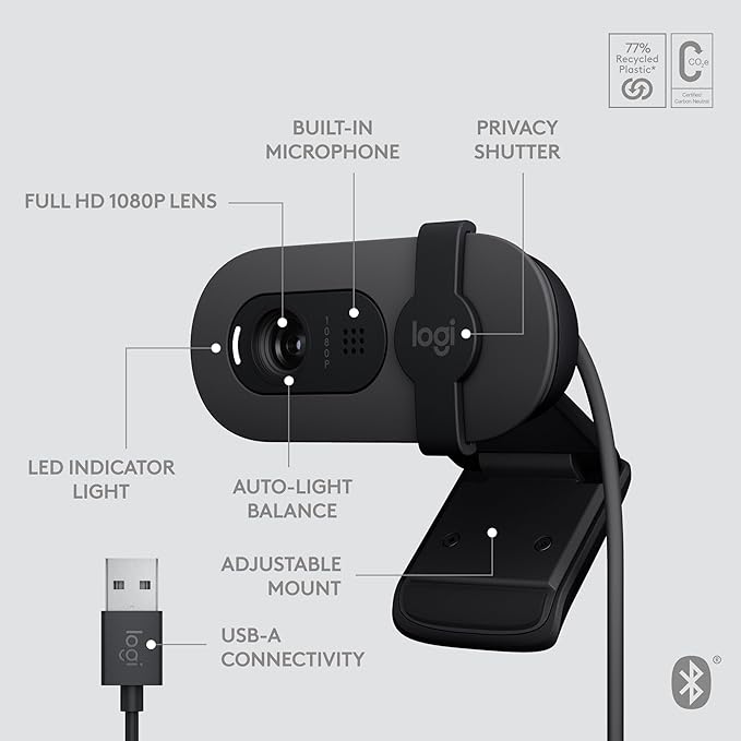 Logitech Brio 105 Full HD 1080p Business Webcam with Auto-Light Balance, USB-A, Privacy Shutter, Easy Set-Up, Compatible with Windows, macOS, ChromeOS (Renewed)