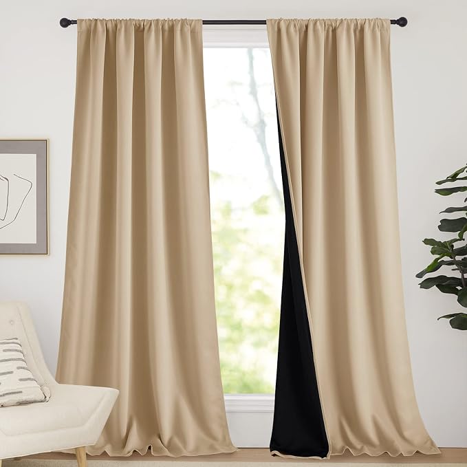 NICETOWN Thermal Insulated 100% Blackout Curtains, Noise Reducing Drapes with Black Backing, Rod Pocket Full Light Blocking Panels for Patio Sliding Door (Biscotti Beige, 2 PCs, 52-inch x 108-inch)
