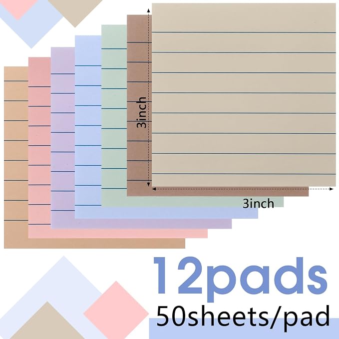 AmazingSpark 12 Pack Lined Sticky Notes 3x3 inch Post Ruled Stickies Super Self Stick Power Memo Pads Multi Colors Notes Pads Vintage Aesthetic School Office Supplies Accessories(Morandi)
