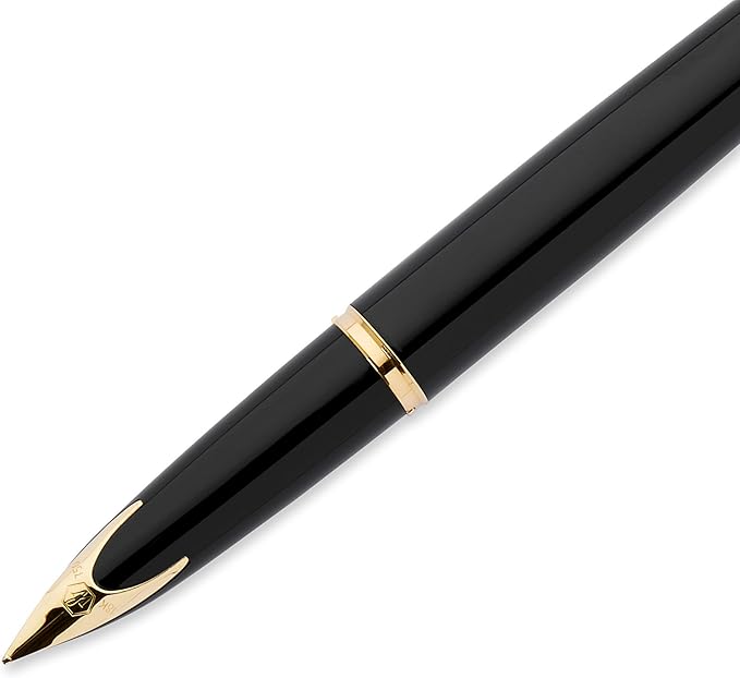 Waterman Carène Black Sea Fountain Pen High-Gloss Black & 23k Gold Clip Medium Nib with Blue Ink Cartridge Gift Box