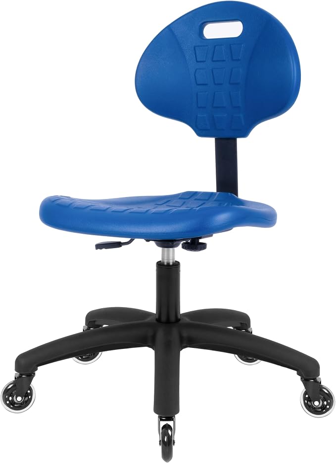Table Height Chair/Stool-Easy to Clean! Deluxe Ergonomic Polyurethane Chair. 5" of Height Adj (16.5"-21.5") 450 lb Capacity. Automotive, Lab, Garage, Home, Office (Rubber Roller, Blue)