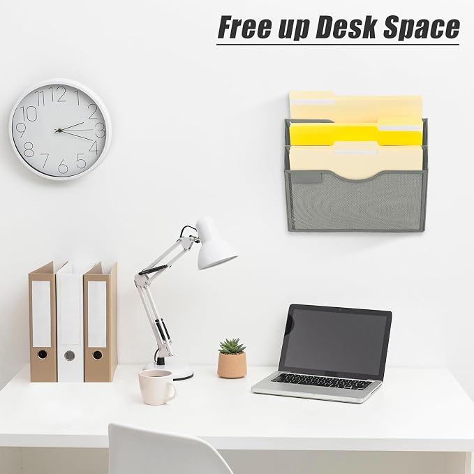 EASEPRES 3 Pocket Mesh Hanging Wall File Organizer, Wall Mounted Mail Paper Document Folder Holder, Clipboard Storage Organization Magazine Rack with Nametag Label for Office Home School, Gray